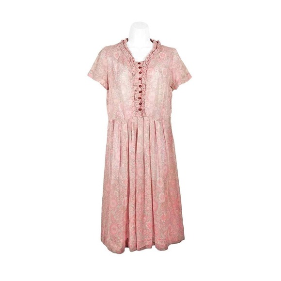 Vintage Jean Lang Original Dress Semi Sheer Ruffle Neck Ditsy Pink White Medium - Picture 1 of 12